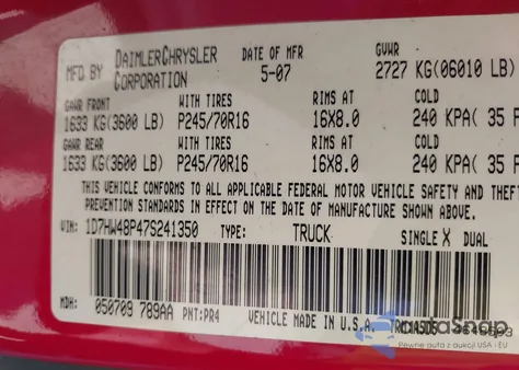 2007 Dodge Dakota Slt z USA, uszkodzony, nr VIN 1D7HW48P47S241350